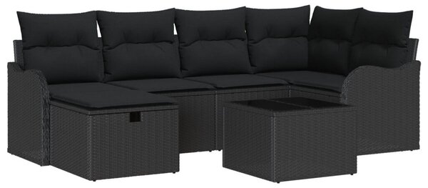 7 darabos kerti kanapé szett párnákkal, fekete poli rattan, 2 személyes kerti kanapé tárolóval és párnákkal, fekete poli rattan