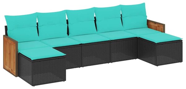 7 db fekete polyrattan kerti kanapégarnitúra párnákkal
