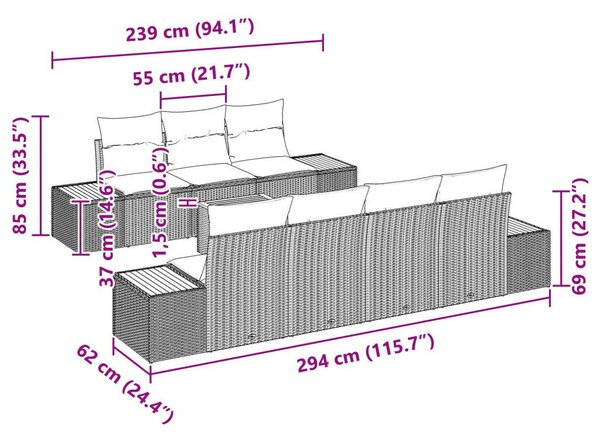 8 részes kerti kanapé szett párnákkal fekete poly rattan akác