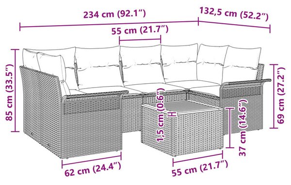 7 darabos Kerti Kanapé Szett Párnákkal Bézs Polirattan Akác