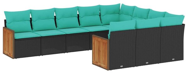 10 db fekete polyrattan kerti kanapégarnitúra párnákkal