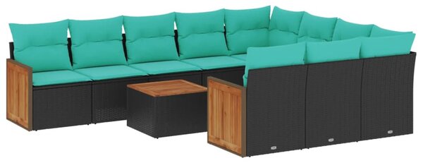 11 db fekete polyrattan kerti kanapégarnitúra párnákkal