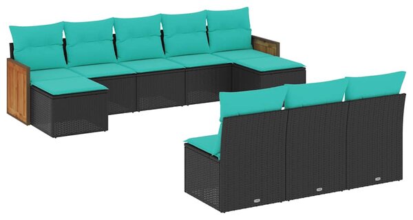 10 db fekete polyrattan kerti kanapégarnitúra párnákkal