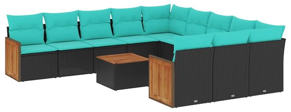 12 db fekete polyrattan kerti kanapégarnitúra párnákkal