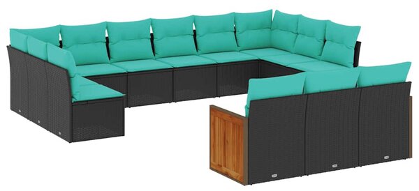 13 db fekete polyrattan kerti kanapégarnitúra párnákkal