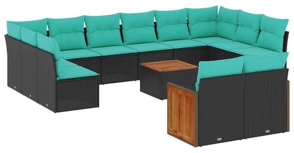13 db fekete polyrattan kerti kanapégarnitúra párnákkal