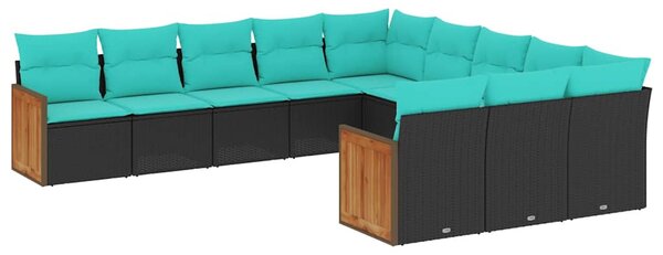 11 db fekete polyrattan kerti kanapégarnitúra párnákkal