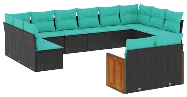 12 db fekete polyrattan kerti kanapégarnitúra párnákkal