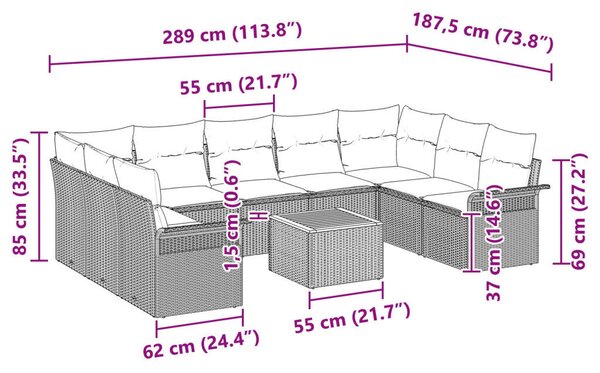 10 Részes Kert Sofa Szett Párnákkal Bézs Poli Rattan Akác
