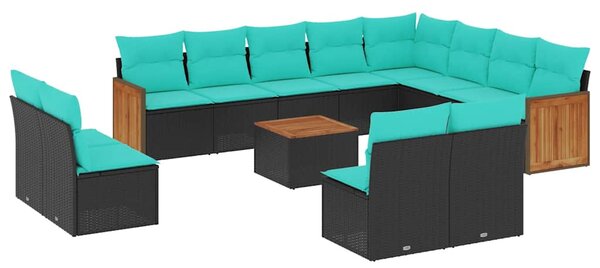 13 db fekete polyrattan kerti kanapégarnitúra párnákkal