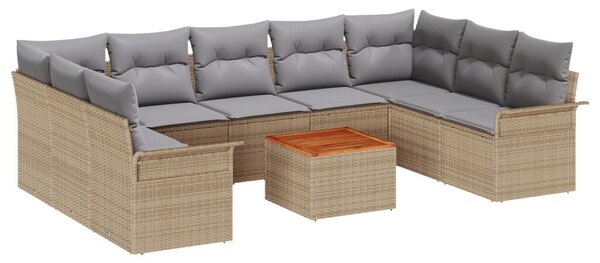 10 Részes Kert Sofa Szett Párnákkal Bézs Poli Rattan Akác