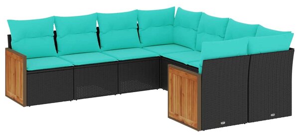 8 db fekete polyrattan kerti kanapégarnitúra párnákkal