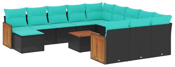 13 db fekete polyrattan kerti kanapégarnitúra párnákkal