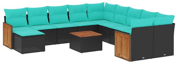 12 db fekete polyrattan kerti kanapégarnitúra párnákkal