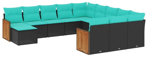 12 db fekete polyrattan kerti kanapégarnitúra párnákkal