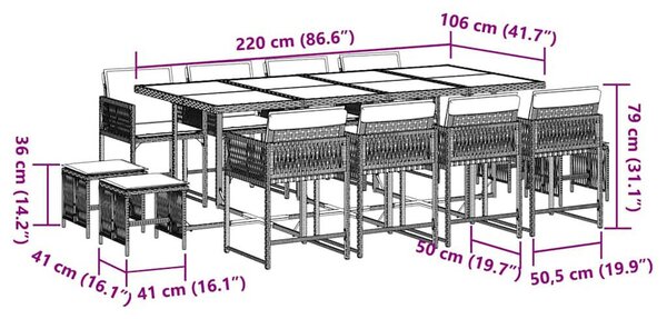 13 részes fekete polyrattan kerti ülőgarnitúra párnákkal