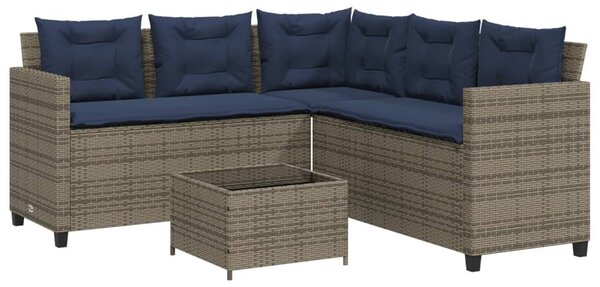 Szürke polyrattan kerti kanapé asztallal és párnákkal L-alakú