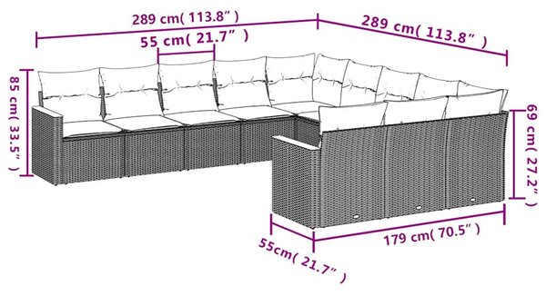 11 db fekete polyrattan kerti kanapégarnitúra párnákkal