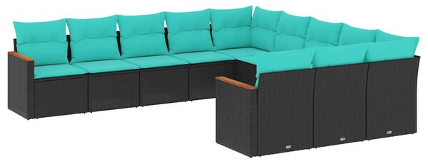 11 db fekete polyrattan kerti kanapégarnitúra párnákkal