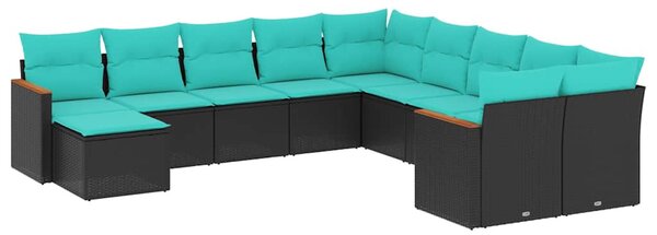 11 db fekete polyrattan kerti kanapégarnitúra párnákkal