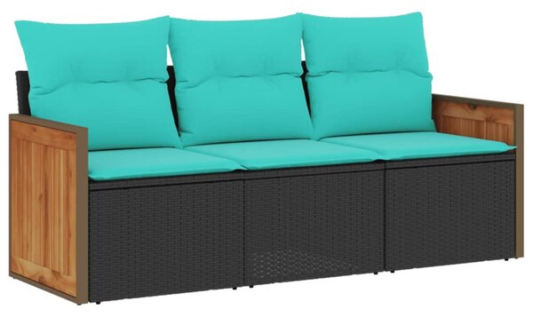 3 db fekete polyrattan kerti kanapégarnitúra párnákkal