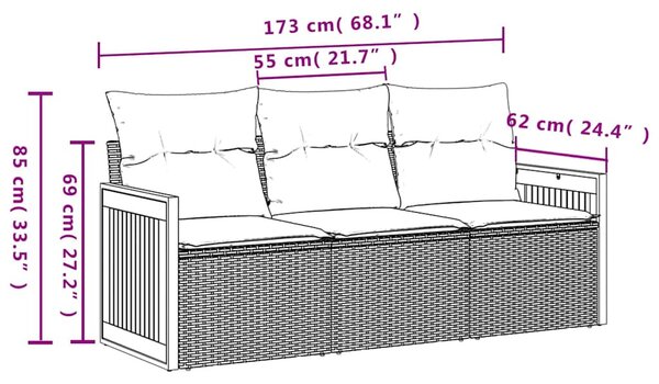 3 db fekete polyrattan kerti kanapégarnitúra párnákkal