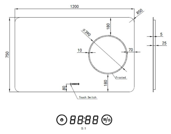 Welland Texol LED tükör - fényerő + színhőfok állítás + páramentesítő + óra - 120 x 75 cm