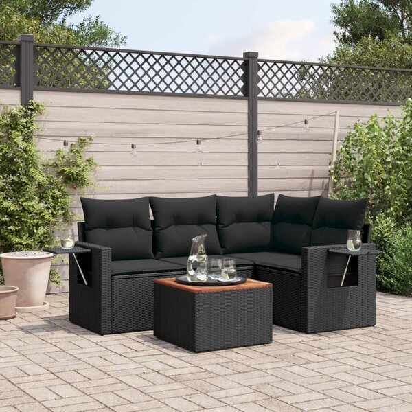 VidaXL 5 részes fekete polyrattan kerti kanapészett párnákkal