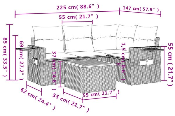 VidaXL 5 részes fekete polyrattan kerti kanapészett párnákkal