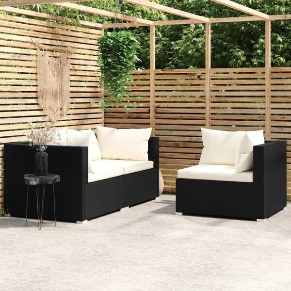 VidaXL 3 részes fekete polyrattan kerti ülőgarnitúra párnákkal