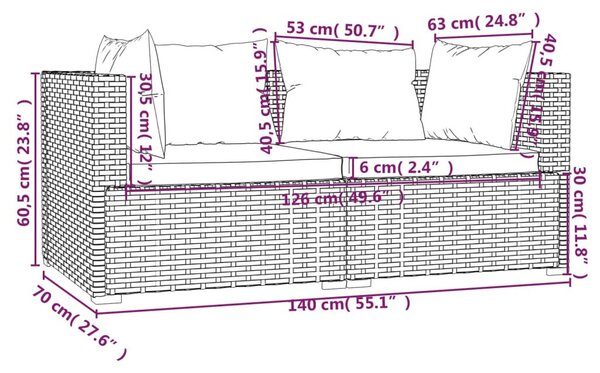 VidaXL 3 részes fekete polyrattan kerti ülőgarnitúra párnákkal