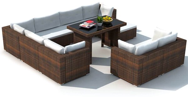 10-részes barna polyrattan kerti bútorszett párnákkal