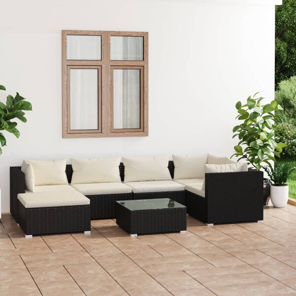 7 részes fekete polyrattan kerti ülőgarnitúra párnákkal