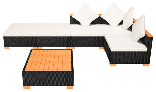 6-részes fekete polyrattan kerti bútorszett párnákkal