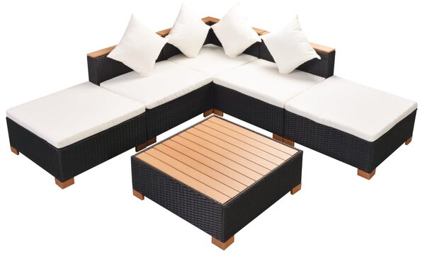 6-részes fekete polyrattan kerti bútorszett párnákkal