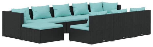 10 részes fekete polyrattan kerti ülőgarnitúra párnákkal