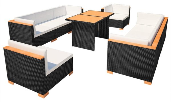 10-részes fekete polyrattan kerti bútorszett párnákkal