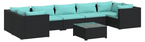 8 részes fekete polyrattan kerti ülőgarnitúra párnákkal
