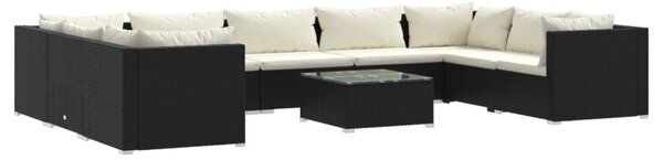 10 részes fekete polyrattan kerti ülőgarnitúra párnákkal