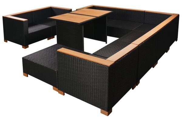 10-részes fekete polyrattan kerti bútorszett párnákkal