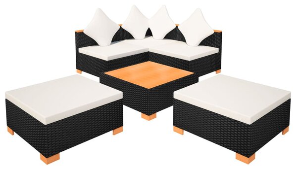 6-részes fekete polyrattan kerti bútorszett párnákkal