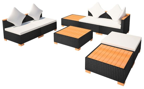 8-részes fekete polyrattan kerti bútorszett párnákkal