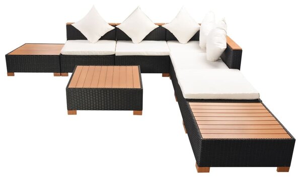 8-részes fekete polyrattan kerti bútorszett párnákkal