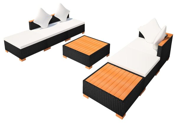 7-részes fekete polyrattan kerti bútorszett párnákkal