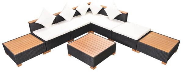 8-részes fekete polyrattan kerti bútorszett párnákkal