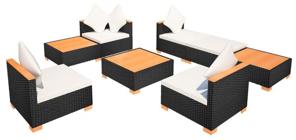8-részes fekete polyrattan kerti bútorszett párnákkal