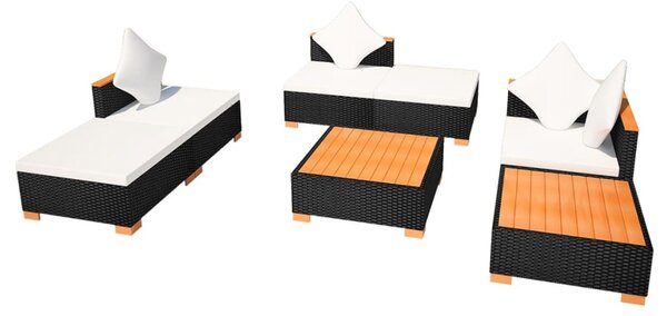 7-részes fekete polyrattan kerti bútorszett párnákkal