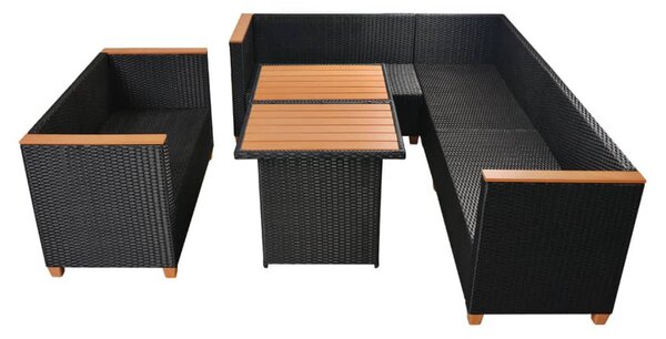 5-részes fekete polyrattan kerti bútorszett párnákkal