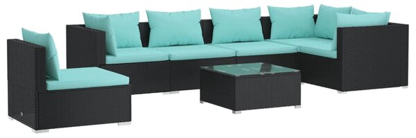 7 részes fekete polyrattan kerti ülőgarnitúra párnákkal