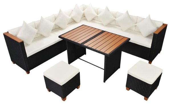 7-részes fekete polyrattan kerti bútorszett párnákkal